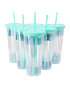 Gibson Home Tropical Sway Orleans 6 Pc 24 Oz Double Wall Plastic Tumbler Set with Lid & Straw in Blue