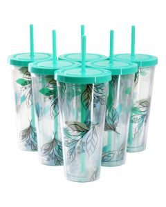 Gibson Home Tropical Sway Vineyard 6 Piece 24 Ounce Double Wall Plastic Tumbler Set with Lid & Straw in Teal